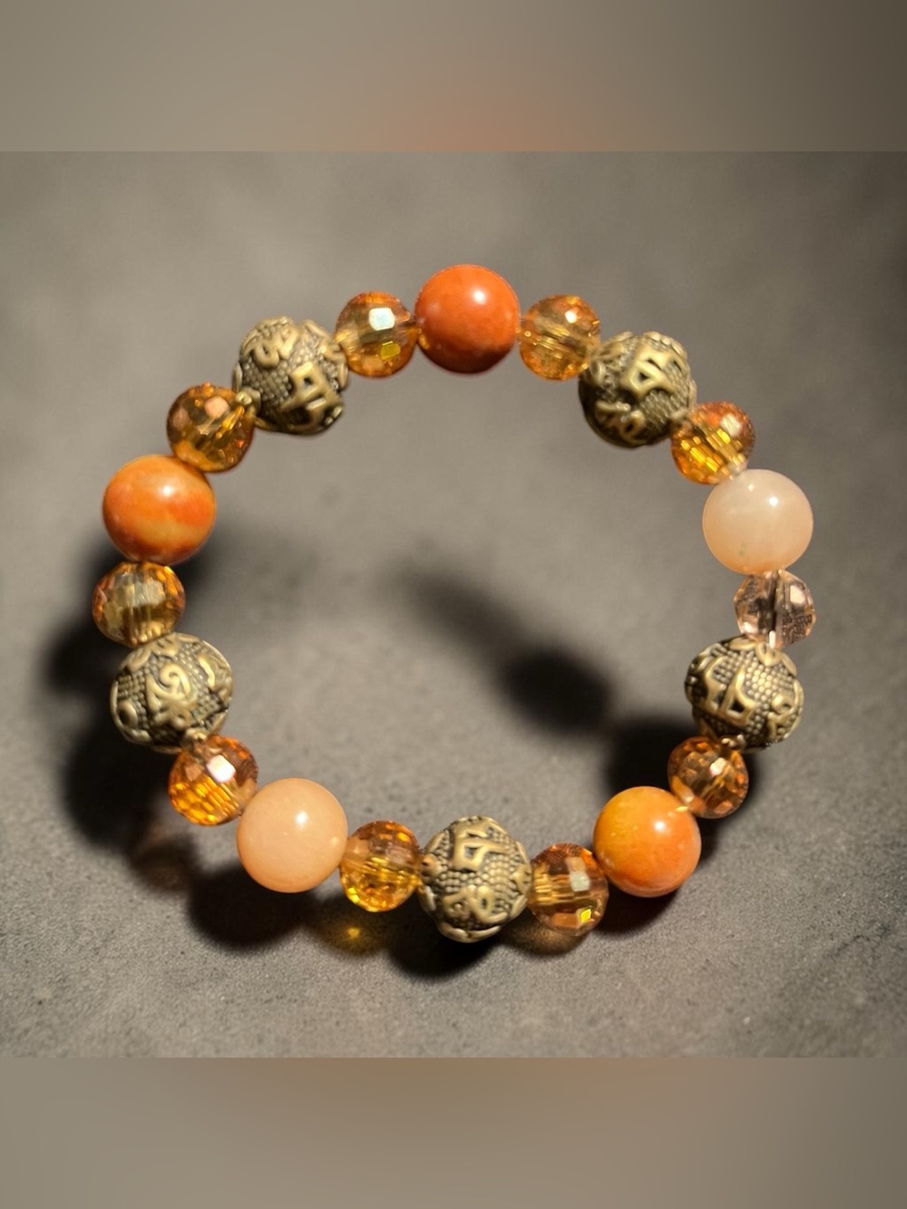 Handmade Orange Aventurine, Tibetan and Crystal Beaded Bracelet